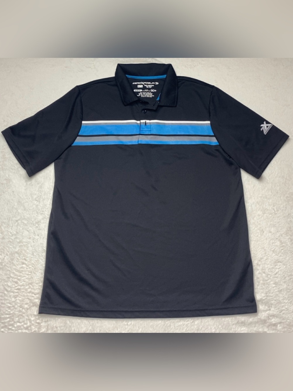 ZeroXposur Men's Black Polo with Blue and White Chest Stripes